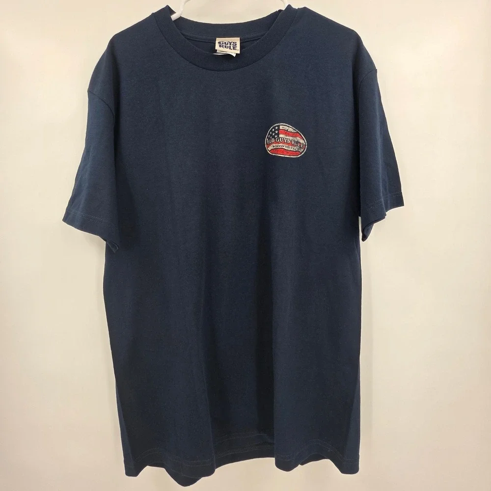OLD GUYS RULE SHIRT MENS LARGE BLUE USA AMERICAN FLAG VINTAGE Y2K DAD FATHER EUC